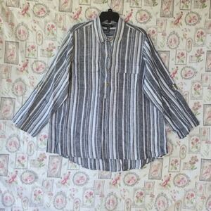 Ellen Tracy Women's 2X Linen Striped Button Up Roll Tab Sleeve Blouse Tunic Top